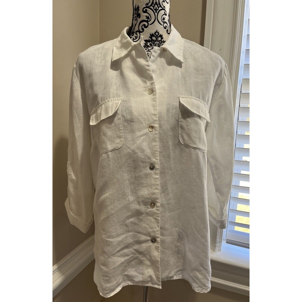 Vintage Edward Womens Shirt Button Sleeveless Irish Linen L Embroidered White